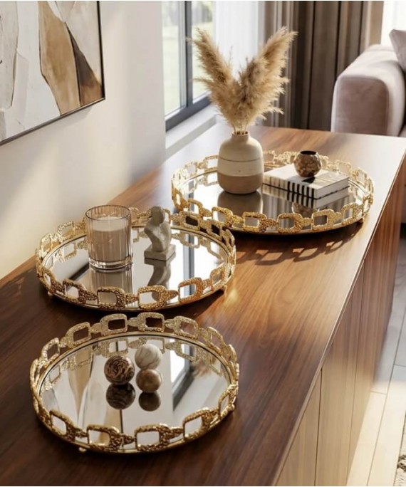 ZEYVE WICKER PATTERN 3-PIECE ROUND TRAY SET 26-30-36cm